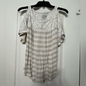 Lucky Brand Women's Cream and Tan Striped Cold Shoulder Blouse